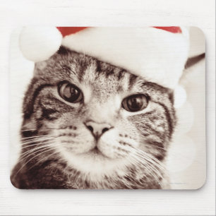 Domestic tabby cat wearing red Christmas hat Mouse Pad