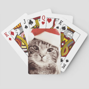 Domestic tabby cat wearing red Christmas hat Playing Cards