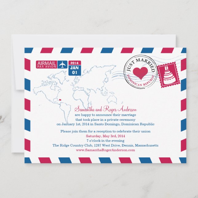 Dominican Republic Air Mail Post Wedding Reception Invitation (Front)