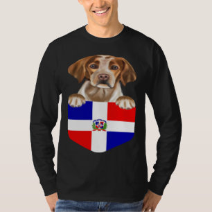 Dominican Republic Flag Brittany Dog In Pocket T-Shirt