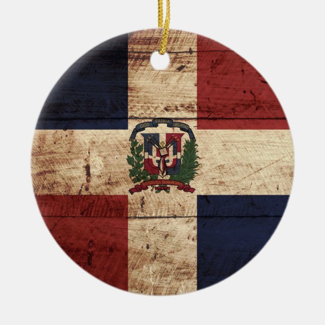 Dominican Republic Flag on Old Wood Grain Ceramic Tree Decoration (Front)