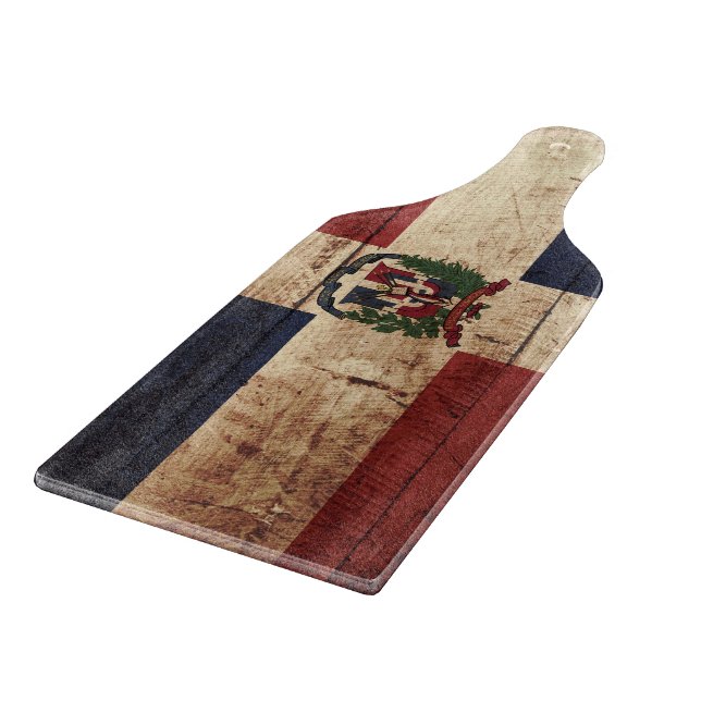 Dominican Republic Flag on Old Wood Grain Cutting Board (Corner)