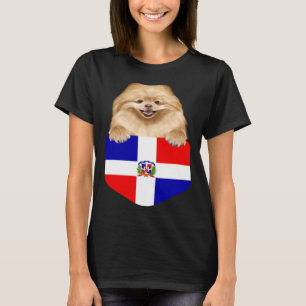 Dominican Republic Flag Pomeranian Dog In Pocket T-Shirt