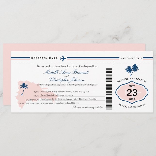 Dominican Republic Palm Tree Wedding Boarding Pass Invitation (Front/Back)
