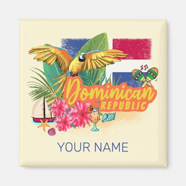 Dominican Republic Retro Caribbean Island Parrot Magnet (Front)