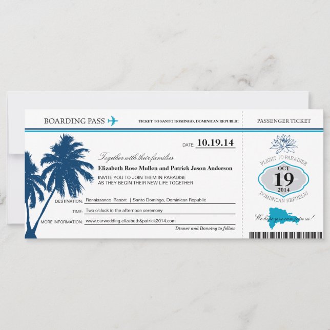Dominican Republic Wedding Boarding Pass Invitation (Front)