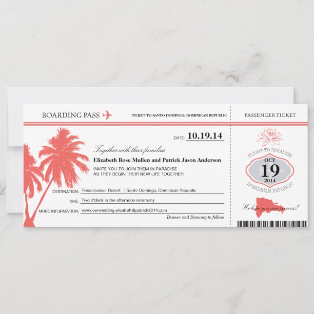 Dominican Republic Wedding Boarding Pass Invitation (Front)
