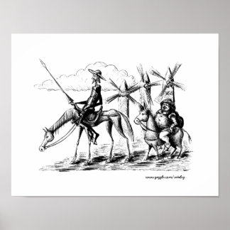 Don Quixote and Sancho Panza ink pen drawing art Poster