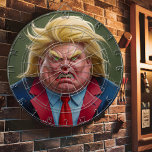 Donald Trump Face Angry Cartoon Dartboard<br><div class="desc">A circular dartboard featuring a caricature of a man with blonde hair and an angry expression. The mans face fills the entire board, and his eyes are wide with green pupils. He is wearing a suit and tie, and his mouth is open in a yell. Picture of Donald Trump Dart...</div>