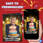 DONALD TRUMP HUMOROUS  BIRTHDAY CARD<br><div class="desc">Celebrate big with this bold and fun birthday card! Featuring a lively image of "The Donald" holding a cake overflowing with candles, this card brings a touch of humour and personality to any birthday celebration. With "YUGE Birthday Wishes" and a confident "Only the BEST for you!" message, it’s sure to...</div>