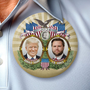 Donald Trump JD Vance President Vice Photo GOLD 7.5 Cm Round Badge
