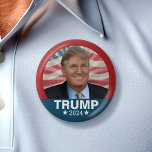 Donald Trump Photo - President 2024 American Flag 6 Cm Round Badge<br><div class="desc">A classic design featuring a picture of the man running for president again. He is running in the 2024 election for the Republican ticket. A photo or Trump with a grungy American Flag as a background. The slogan "Keep America Great" is also included with this design. A vintage campaign design...</div>