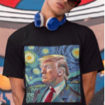 Donald Trump Starry Night Van Gogh Art Style 2024 T-Shirt<br><div class="desc">Donald Trump in Van Gogh Starry Night style art,  President Donald Trump wearing his classic suit and red tie against the backdrop of abstract expressionist starry night sky. Festive political campaign artwork of 45th President Donald J. Trump or to support Mr. Trump's 2024 election.</div>