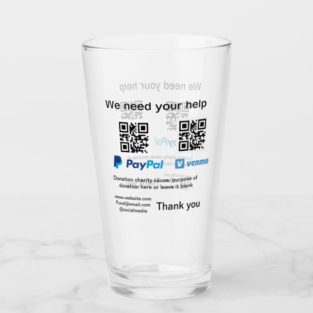 Donation Collection tip jar add your q r name caus Glass (Front)