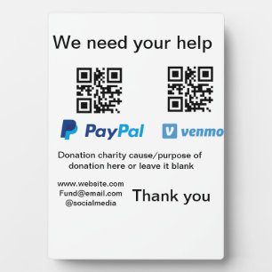 Donation Collection tip jar add your q r name caus Plaque