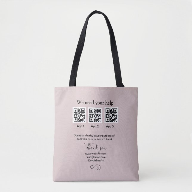 Donation Collection tip jar add your q r name caus Tote Bag (Front)