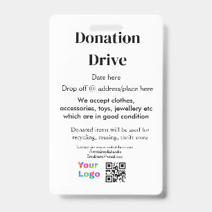 Donation drive add address date business name logo ID badge