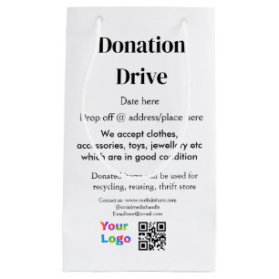 Donation drive add address date business name logo small gift bag