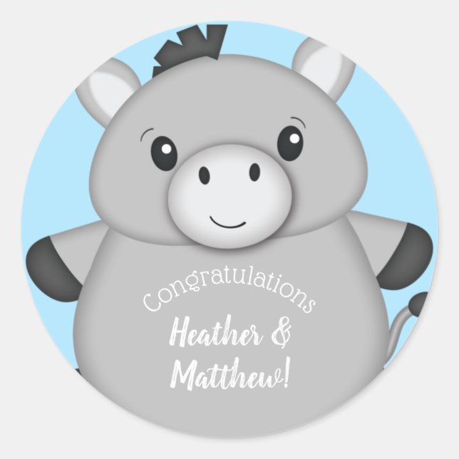 Donkey Baby Shower Blue Classic Round Sticker (Front)