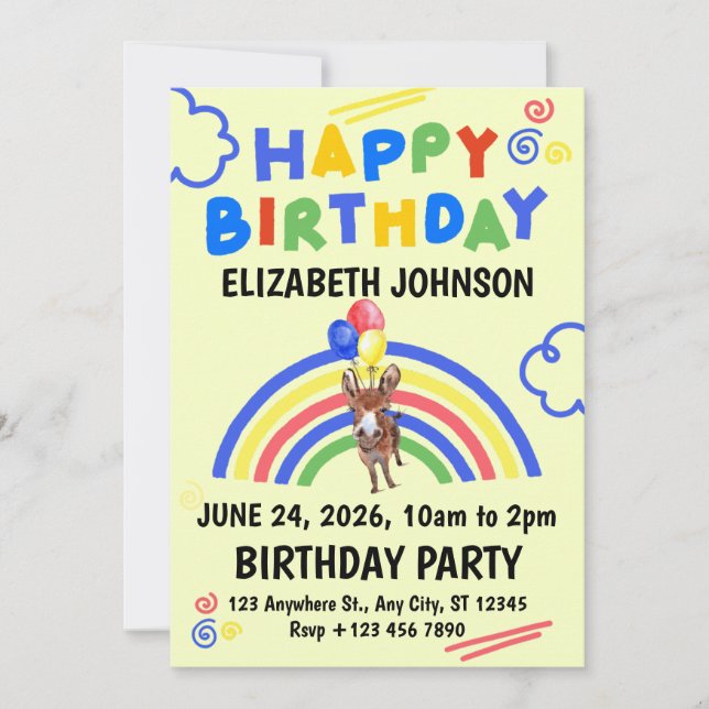 Donkey Birthday Invitation in Yellow (Front)