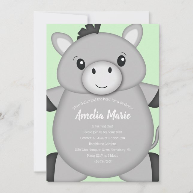 Donkey Birthday Party Green Invitation (Front)