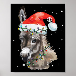 Donkey Christmas Colour Lights Santa Hat Donkey Poster