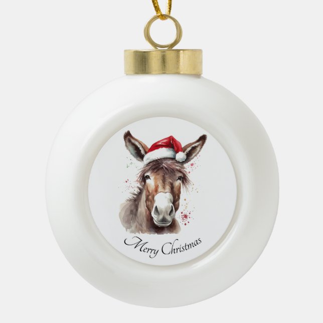 Donkey Holiday Tree Memory Ceramic Ball Christmas Ornament (Front)
