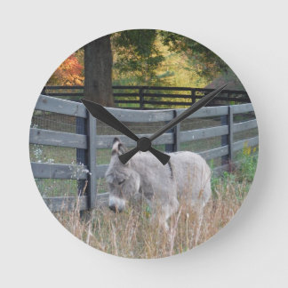 Donkey in an Autumn Field Round Clock