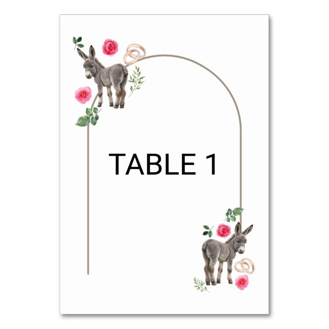 Donkey Pink Floral Rustic Wedding Table Number (Front)
