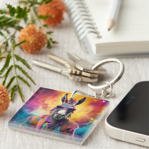 Donkey Pink Glasses, Rainbow Hair Key Ring