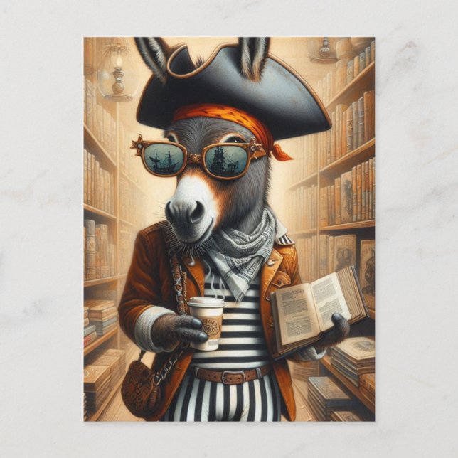 Donkey Pirate With Book and Coffee Postcard (Front)