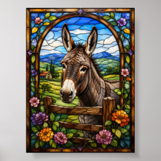 Donkey Stained Glass Countryside Farm Animal Poster