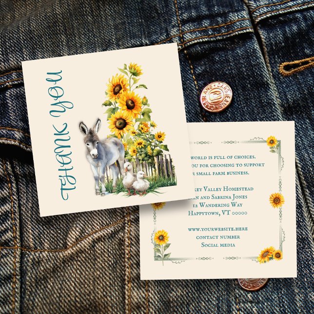 Donkey Sunflowers Small Business Thank You Square Business Card (Creator Uploaded)