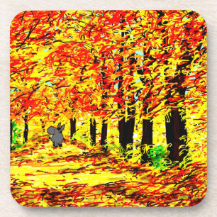 donkey walking through autumn leaves coaster