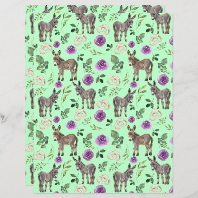 Donkey Wedding Scrapbook Paper in Green (Front/Back)