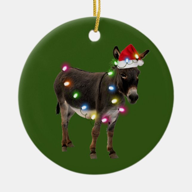 Donkey With Hat Lights Christmas Ceramic Tree Decoration (Front)