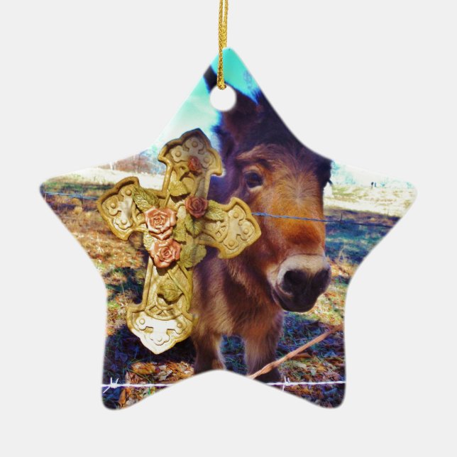 Donkey with Rose Cross Ceramic Tree Decoration (Front)