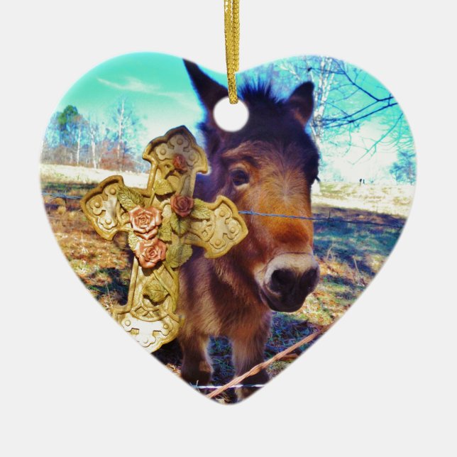 Donkey with Rose Cross Ceramic Tree Decoration (Front)