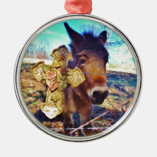 Donkey with Rose Cross Metal Tree Decoration