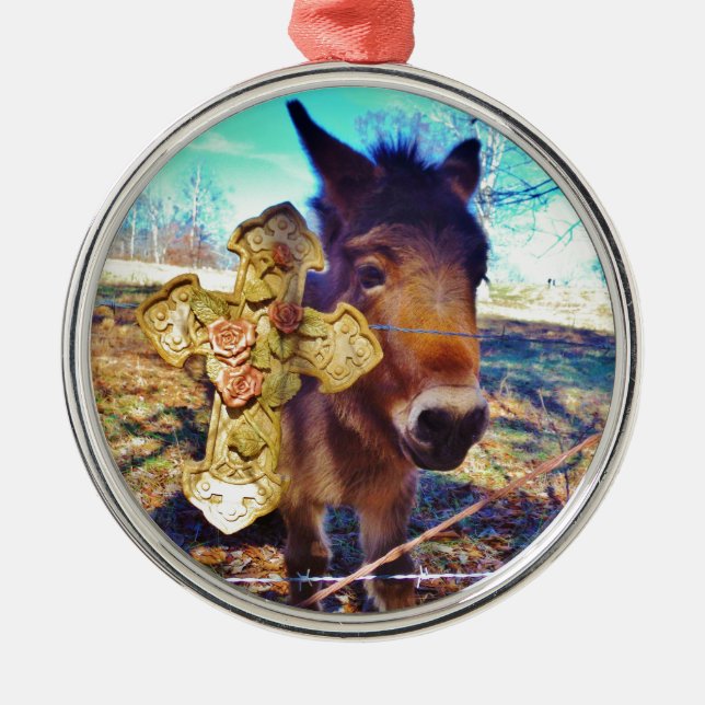 Donkey with Rose Cross Metal Tree Decoration (Front)