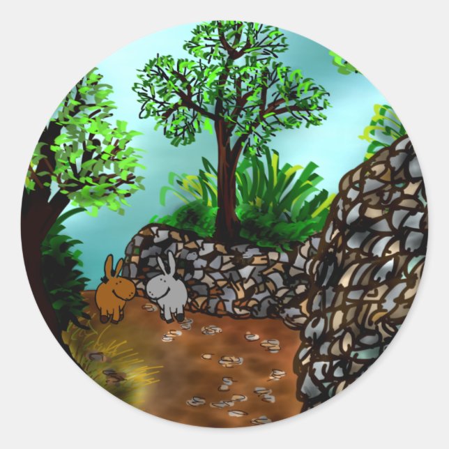 donkeys walking along stone wall classic round sticker (Front)