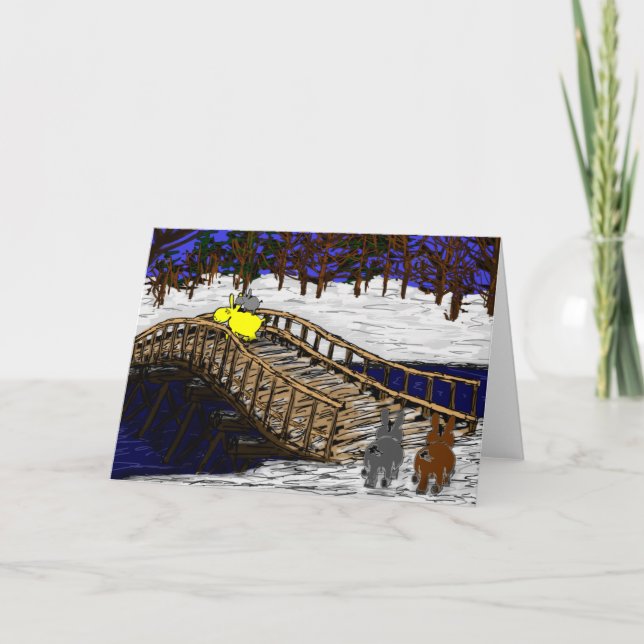 donkeys walking over bridge in snow holiday card (Front)
