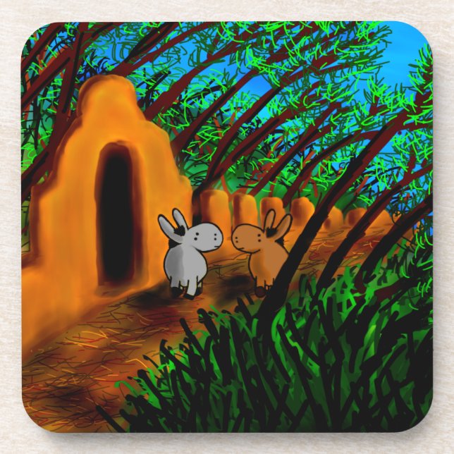 donkeys walking under trees coaster (Front)