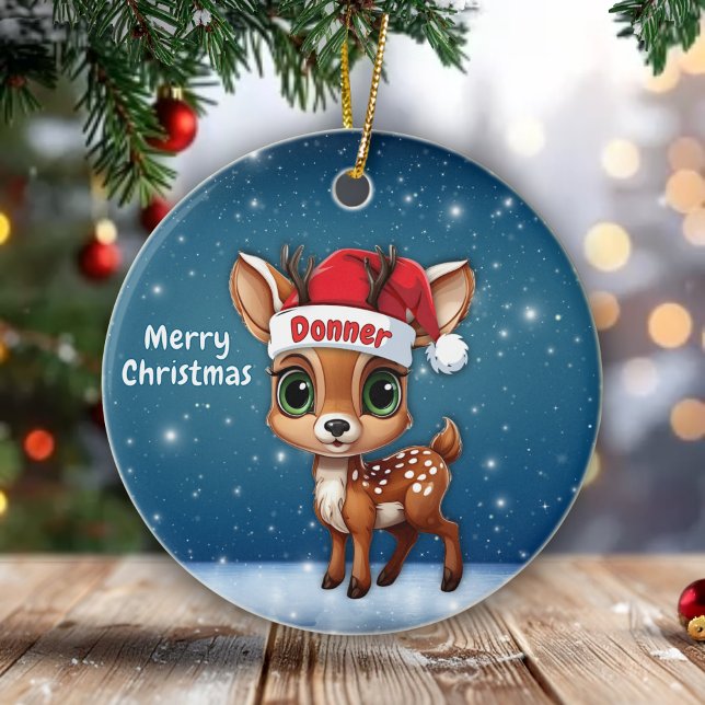 Donner Cute Whimsical Reindeer Graphic Unique🦌 🎄 Ceramic Tree Decoration (Personalizable Cute Whimsical Reindeer Graphic, Snowy Deer illustration, Blue Festive Ornament 🦌🎄)