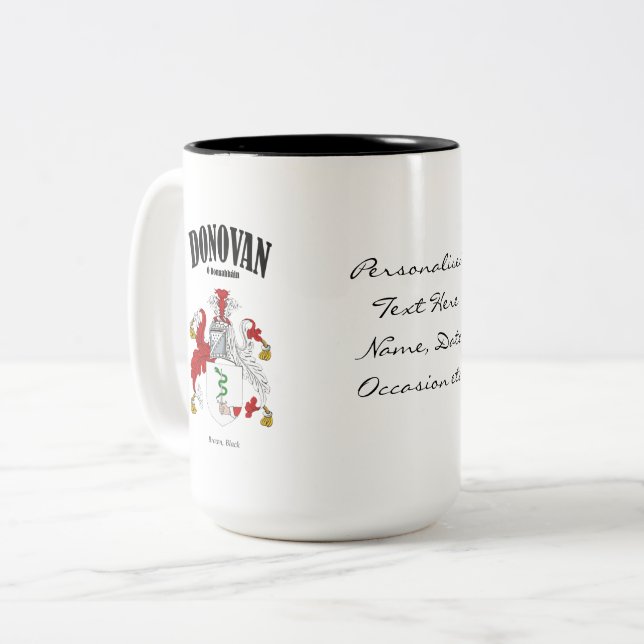 Donovan Family Crest, Translation & Meaning Two-Tone Coffee Mug (Front Left)