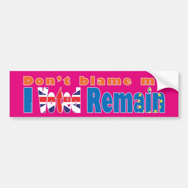"Don't blame me, I Voted remain" EU referendum Bumper Sticker (Front)