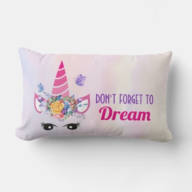 Don't Forget to Dream Cute Pink Unicorn Lumbar Cushion (Front)