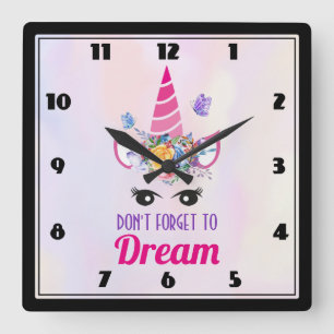 Don't Forget to Dream Cute Pink Unicorn Square Wall Clock