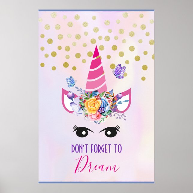 Don't Forget to Dream Pink Unicorn & Confetti Poster (Front)
