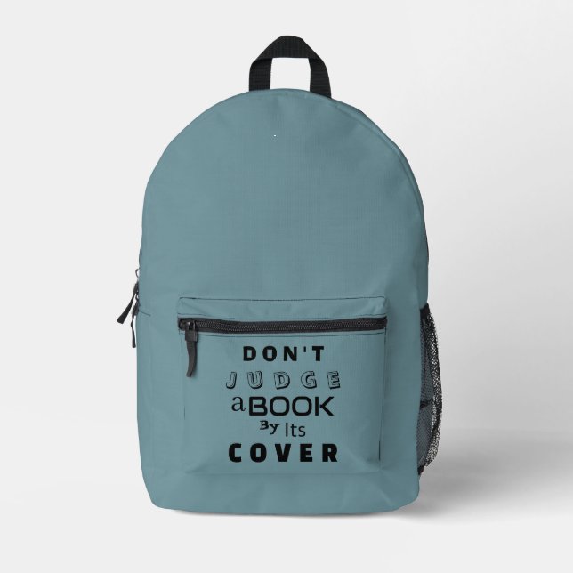 "Don't Judge a Book by Its Cover" Blue Grey Printed Backpack (Front)